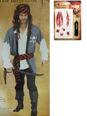 Pirate & Tattoos Halloween Costume Grey Beard 4 Pc Shirt, Bandana, Sash Mens OS